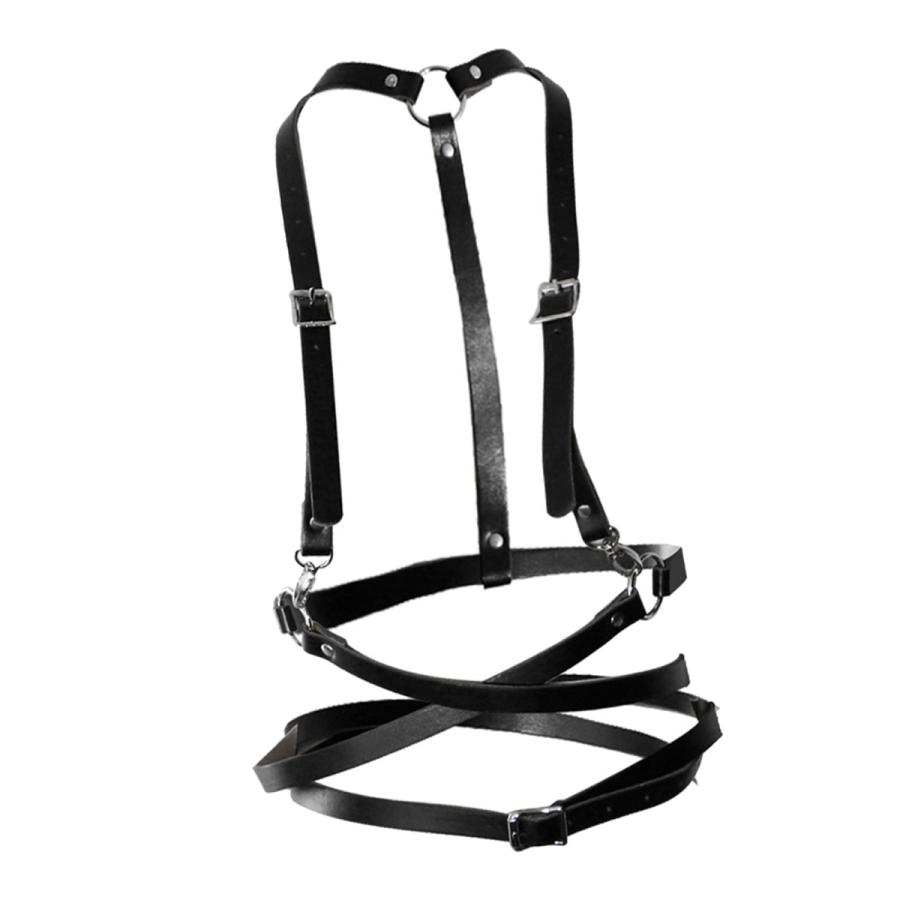 女性のベルトpuレザー胸パンクハーネスバンド調節可能なストラップ