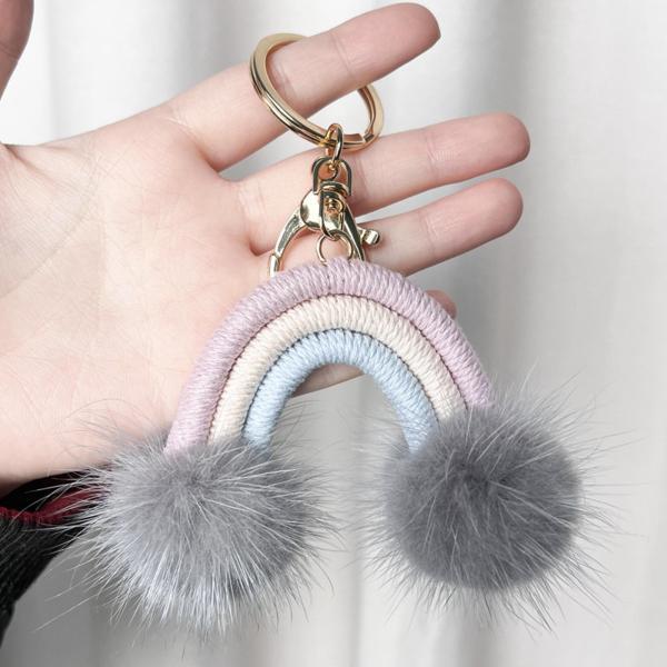 Macrame Rainbow Keychain with Plush Ball Women Girls Key Chain Purse K ...