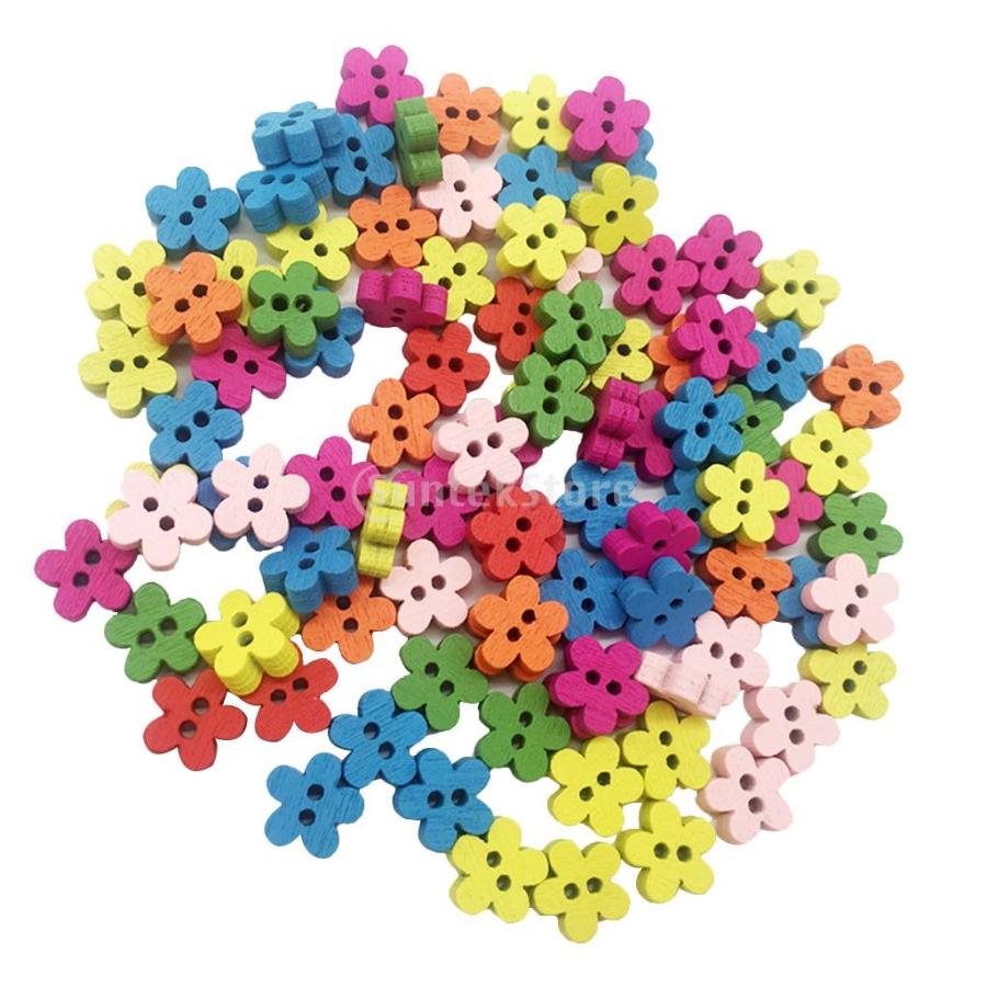 木製花形ボタン2個セット 多色 ボタン 花形 2穴 木製 手芸用品 手作り 約100ピース : STK