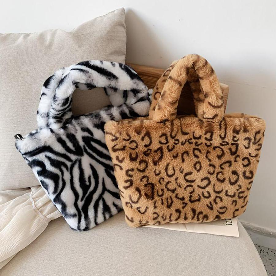 ヒョウ柄トートバッグ 毛皮 ハンドバッグ 女性ファートートショルダーバッグハンドバッグ毛皮のような