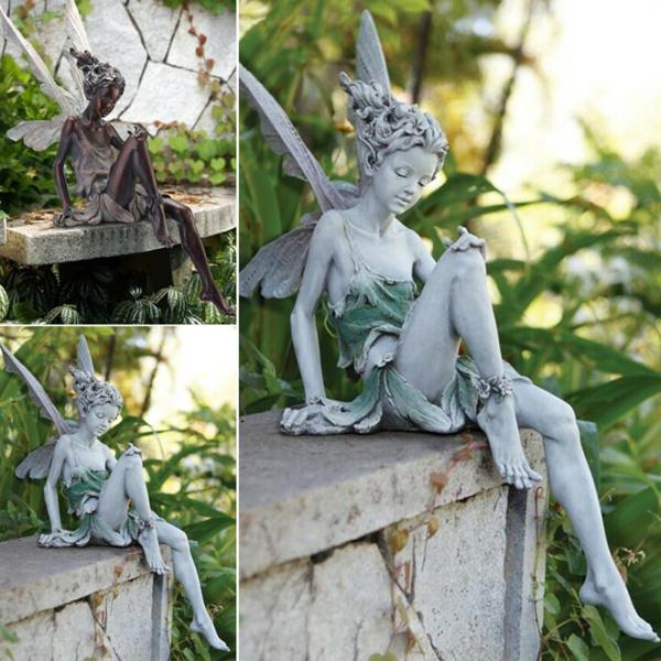 座っている妖精の像噴水池レッジ妖精と翼の庭の彫像ホームシェルフ置物