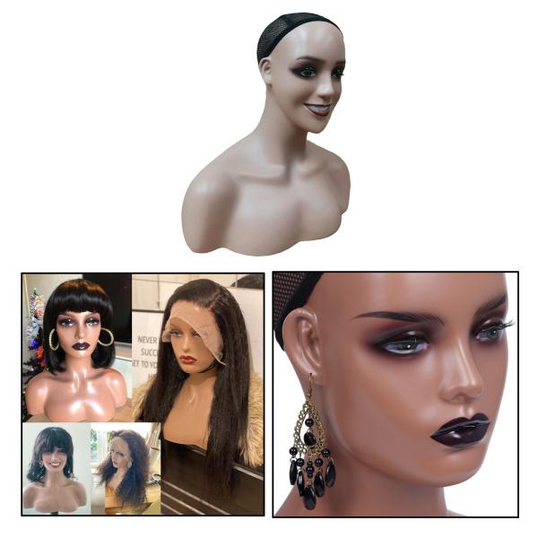 マネキンヘッドプロフェッショナルショルダー付き女性リアルPPヘッドバストモデルマネキンヘッドイヤリングネックレススカーフウィッグディスプレイ