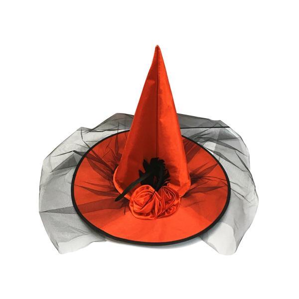 ハロウィン コスプレ とんがり魔女帽子 四角飾り 羽飾り 黒 赤 魔法使い ネコポス便限定送料無料