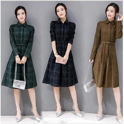 新作秋冬 レディース ワンピース シャツワンピース チェック柄 長袖 人気 通勤 着痩せ 体型カバー アウトレット品 L グリーン