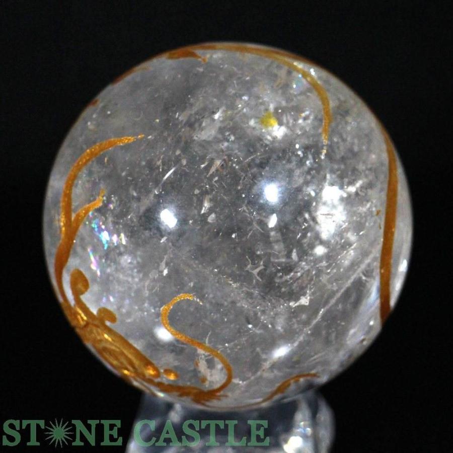 石流通センター 一点物 天然石 彫刻置物 丸玉 レインボー水晶 青龍 (金彫り) 約50mm No.23 パワーストーン