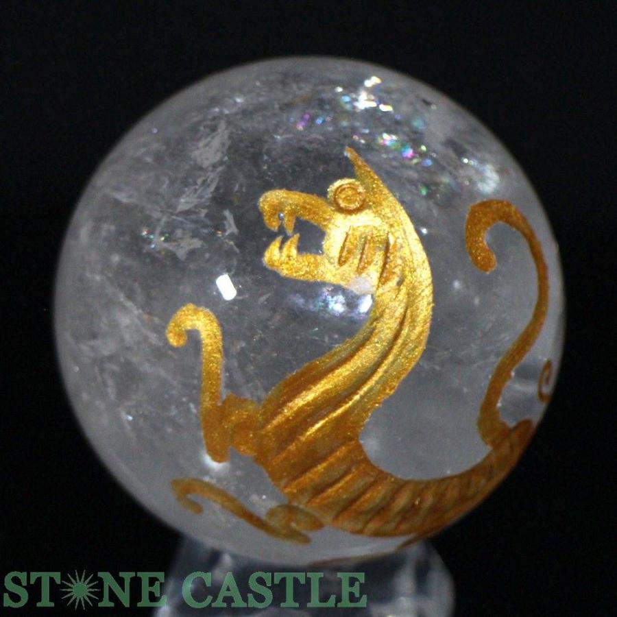 石流通センター 一点物 天然石 彫刻置物 丸玉 レインボー水晶 白虎 (金