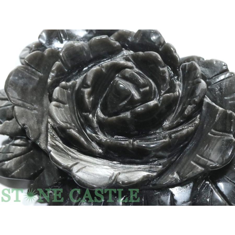 石流通センター 一点物 天然石 彫刻置物 薔薇 シルバーオブシディアン