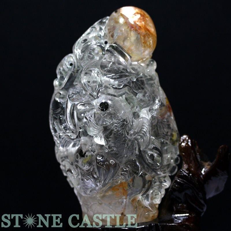 置物一点物 天然石 彫刻置物 のぼり鯉 水晶 ガーデンルチル入り 台付 No 01 パワーストーン Fresnopianooutlet Com