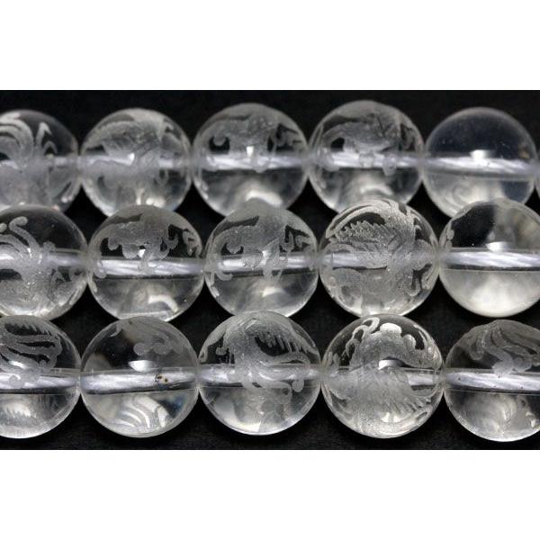 石流通センター 彫刻ビーズ 水晶 10mm (素彫り) 朱雀 (一連売り