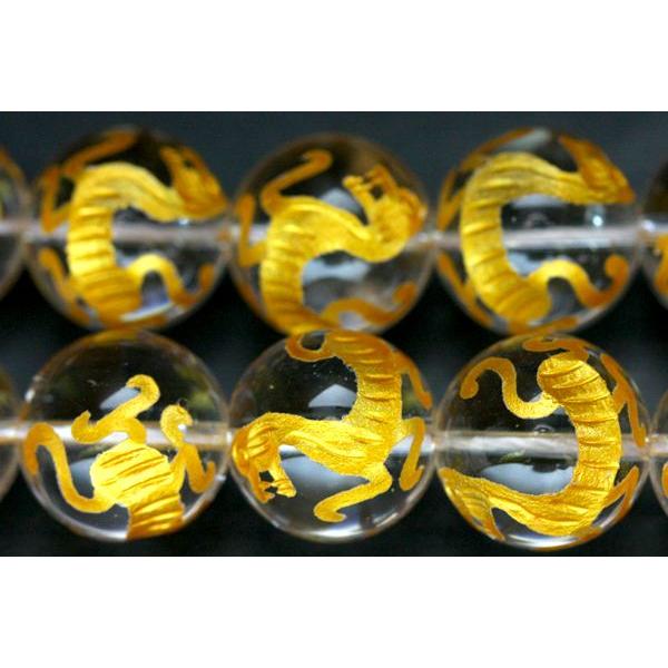 石流通センター 彫刻ビーズ 水晶 16mm (金彫り) 白虎 (一連売り) 天然石 パワーストーン