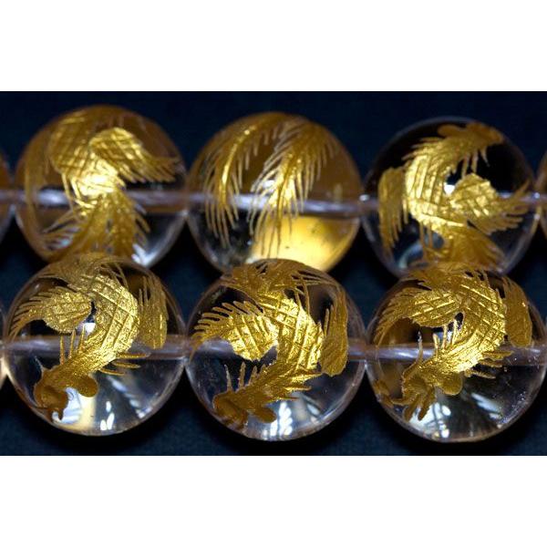 石流通センター 彫刻ビーズ 水晶 16mm (金彫り) 鳳凰 (一連売り) 天然石 パワーストーン