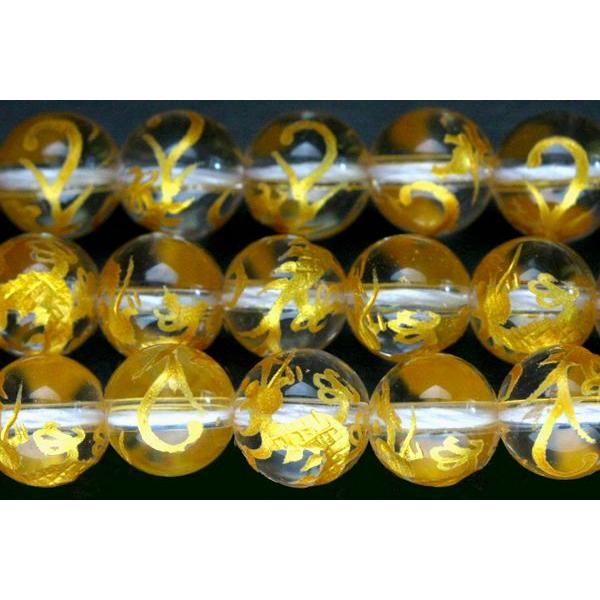 【送料関税無料】 8mm 水晶 彫刻ビーズ (金彫り) パワーストーン 天然石 (一連売り) 青龍 宝石ルース、裸石