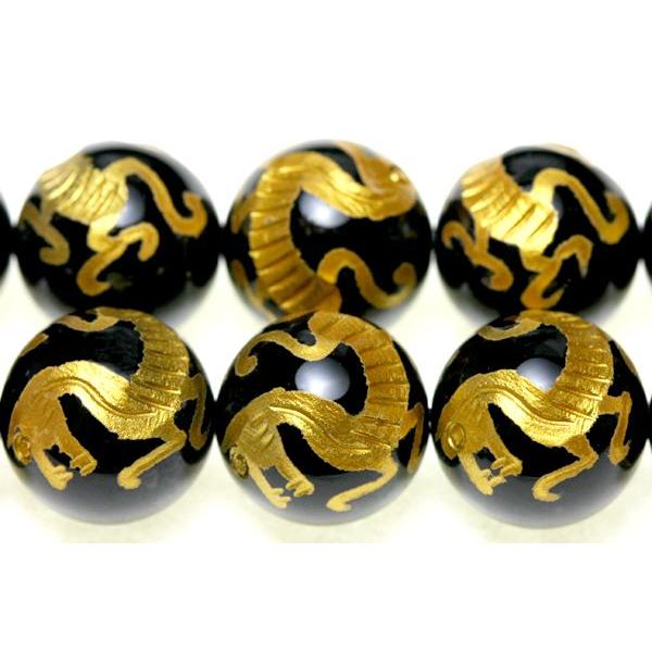 石流通センター 彫刻ビーズ オニキス 12mm (金彫り) 白虎 (一連売り) 天然石 パワーストーン