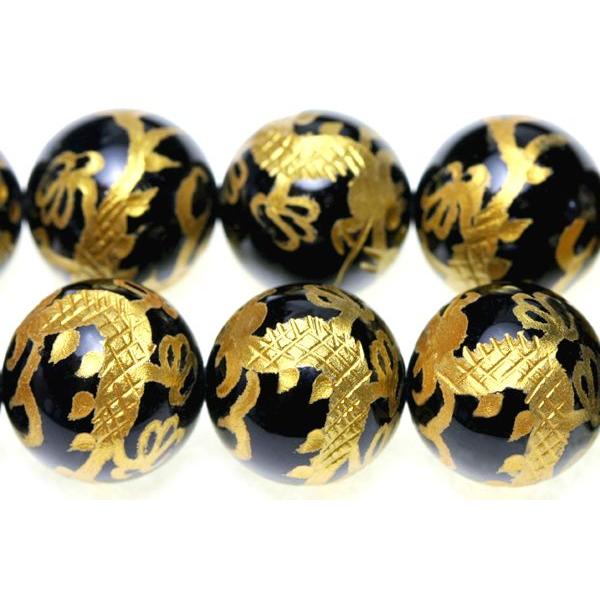 石流通センター 彫刻ビーズ オニキス 12mm (金彫り) 青龍 (一連売り) 天然石 パワーストーン