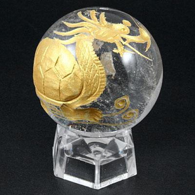石流通センター 置物 インテリア 彫刻置物 丸玉 水晶50mm (金彫り) 龍亀(ろんぐい) 天然石 パワーストーン