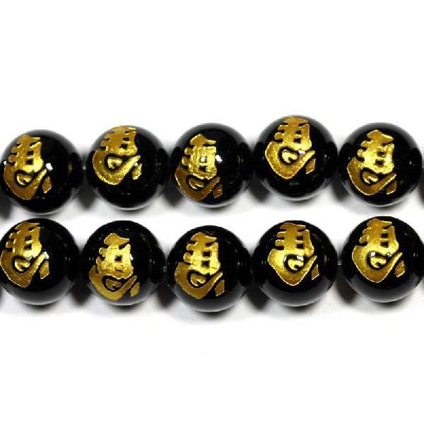石流通センター 彫刻ビーズ オニキス 12mm (金彫り) 左馬 (一連売り) 天然石 パワーストーン