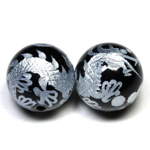 石流通センター 彫刻ビーズ オニキス 12mm (銀彫り) 五爪龍 (一連売り) 天然石 パワーストーン_1