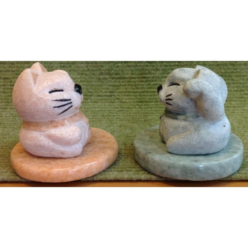 猫　招き猫　天然石　彫刻　オブジェ　置物　インテリア　工芸品　美術品　A3322 招き猫 まねきねこ 台付 大理石製品 ストーン インテリア 置物 商売