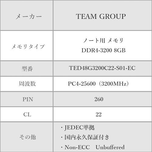 TEAM ELITE DDR4 3200 8GB ノート用 メモリ 1枚 SO-DIMM PC4-25600