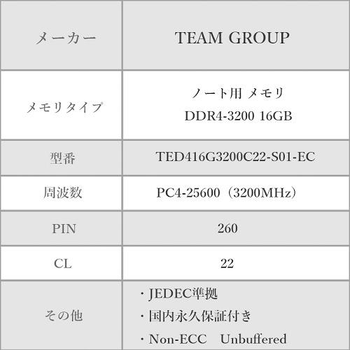 TEAM ELITE DDR4 3200 16GB ノート用 メモリ 1枚 SO-DIMM PC4-25600