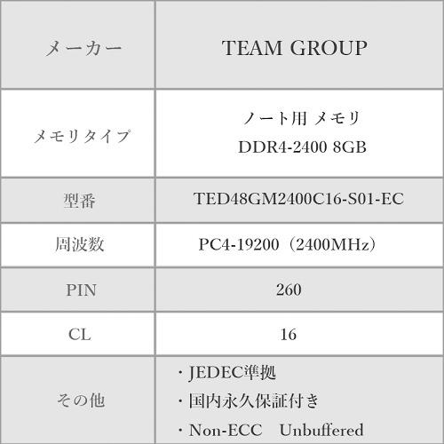 TEAM ELITE DDR4 2400 8GB ノート用 メモリ 1枚 SO-DIMM PC4-19200