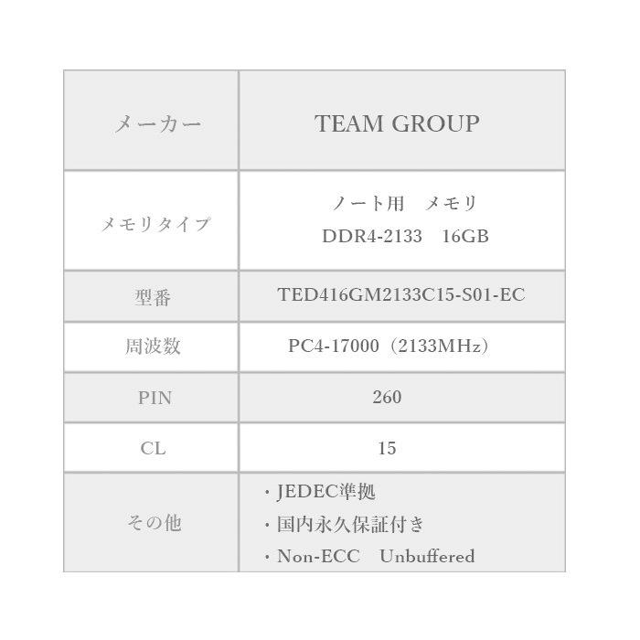 TEAM ELITE DDR4 2133 16GB ノート用 メモリ 1枚 SO-DIMM PC4-17000