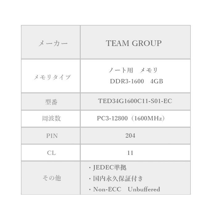 TEAM ELITE DDR3 1600 4GB ノート用 メモリ １枚 SO-DIMM PC3-12800 CL11 TED34G1600C11-S01-EC｜storagemedia｜02