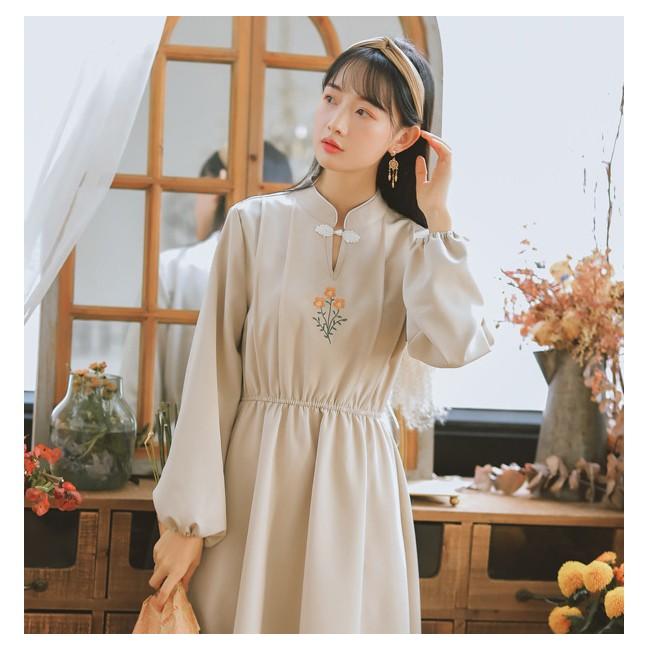 ランキング受賞 チャイナドレス風ワンピース レディース 立ち襟 七分袖 レース 膝丈 中国風 前開き 春秋冬 上品 エレガント きれいめ おしゃれ 100 安心保証 Elskaveda Com