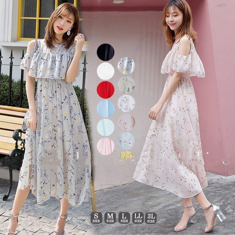 ワンピース 花柄レース シフォン ひざ上 フリル 透け感 セール】肩開きフリル花柄シフォンワンピース（ワンピース