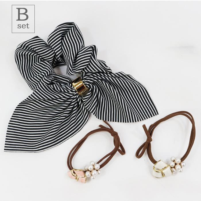 ヘアゴム3点 リボンシュシュ パール付ゴム 2個 髪の毛 ヘア