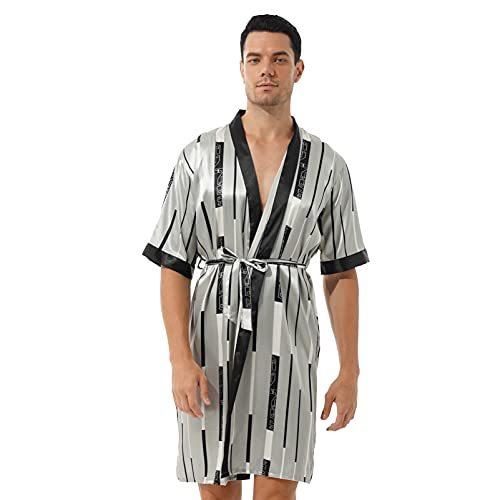 ファッションの Mens CHICTRY Satin 3X-Large　並行輸入品 Stripe Grey Set Bathrobe Kimono House Back Lace Sleeve Short Belt with Bathrobe Spa Silk Robe バスローブ