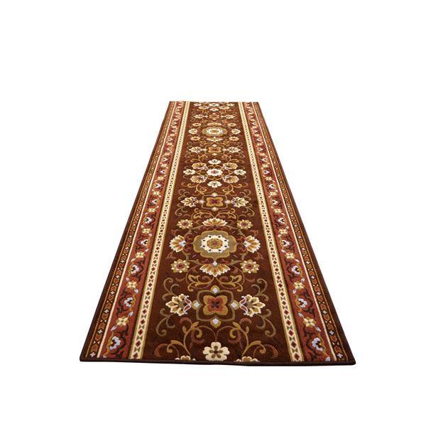 アラベスク柄 廊下敷き/フロアマット 〔ブラウン 65×440cm〕 抗菌・防臭・吸水・速乾加工 滑りにくい加工 洗える 日本製〔代引不可〕