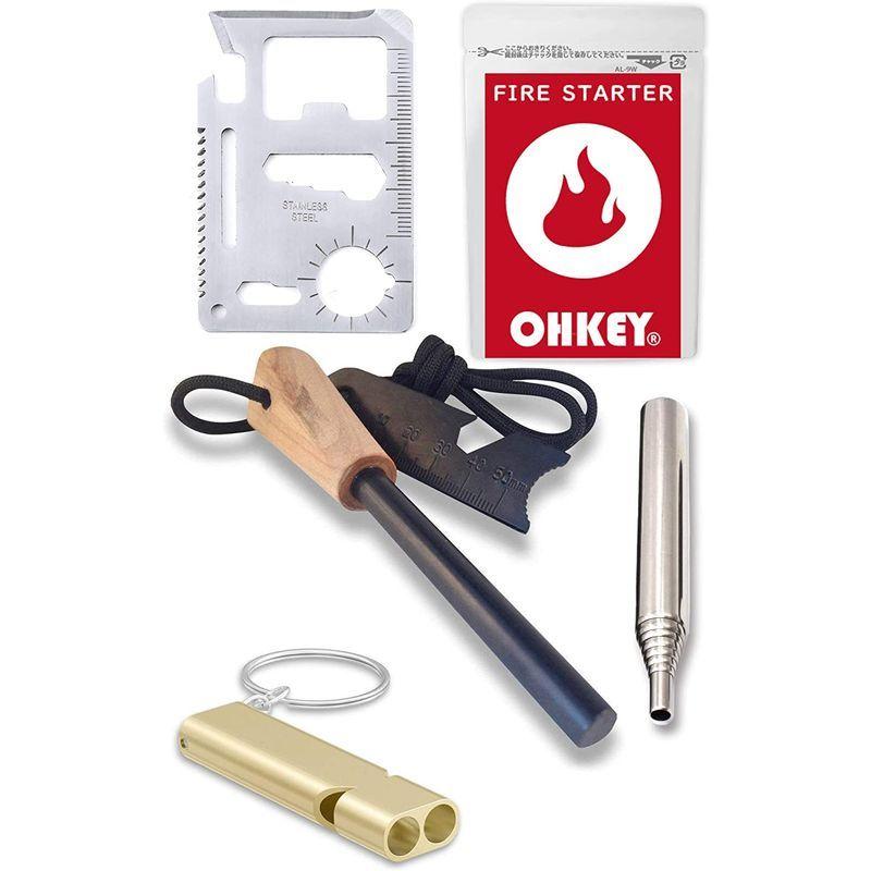 OHKEY ファイヤースターター セット 交換無料 メタルマッチ 火吹き棒 多機能カード ホイッスル キャンプ 焚火