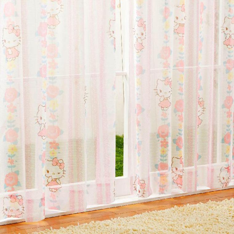 レースカーテン 2枚組 100×176cm キティ 花柄 レース ピンク 洗える 外