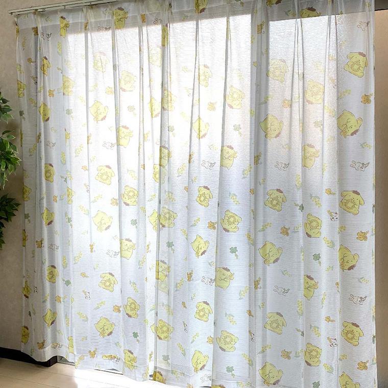 レースカーテン 2枚組 100×176cm ポムポムプリン イエロー 黄色 洗える