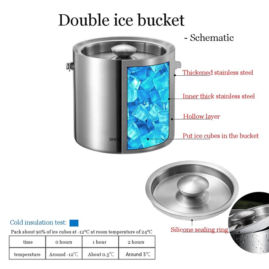 アイスペール ステンレス製 アイスバケット2/3L 二重構造 真空断熱 蓋付き トング付き ウイスキー保冷用 プロ仕様 業務用 2/L｜store2byliu｜03