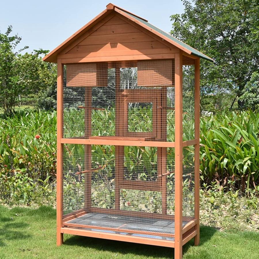 インコ用のとまり木付きの屋外用大型木製鳥小屋、トレイの上に金網、脱走を防止｜store2byliu｜04