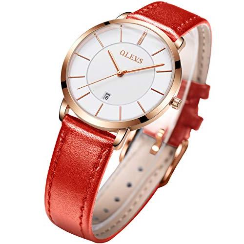 腕時計 レディース 防水 革ベルト アナログ Olevs レッドストラップ ゴールドケース ホワイトダイヤル Hug ストア309 通販 Yahoo ショッピング