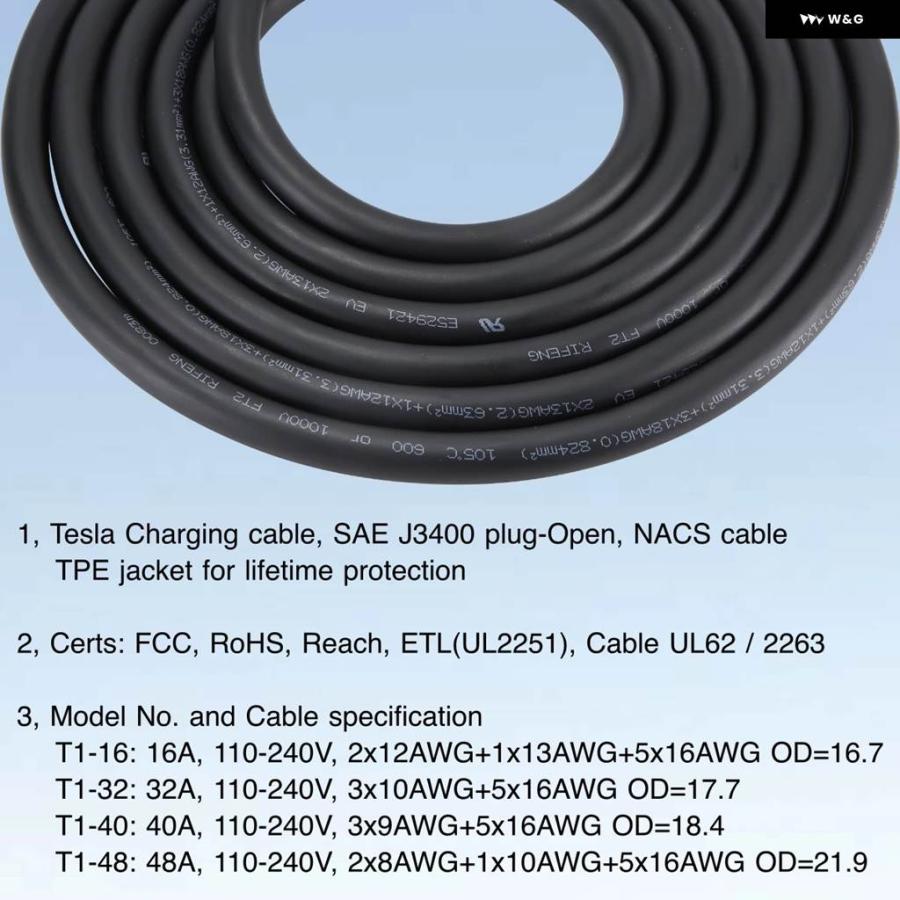 並行輸入品 テスラ ステーション 1相 16A 32A 40A 48A 240V EV充電 ケーブル NACS オス-オープンワイヤー充電ポートを開く ボタンの画像