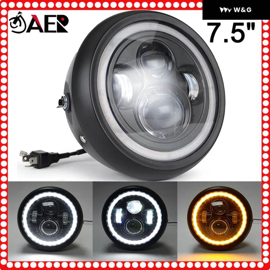 並行輸入品 7.5インチ LED オートバイ バイク ヘッドライト ハイロービーム ホワイト アンバー DRL エンジェルアイ ウィンカーライト ヘッドランプ チョッ_1