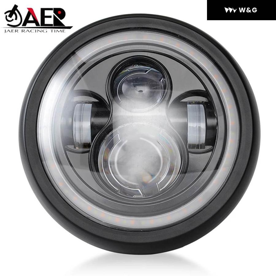 並行輸入品 7.5インチ LED オートバイ バイク ヘッドライト ハイロービーム ホワイト アンバー DRL エンジェルアイ ウィンカーライト ヘッドランプ チョッ_4