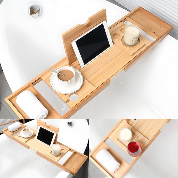 バスタブトレー おしゃれ 竹 お風呂 浴槽 テーブル バストレー 伸縮 タブレット スマホ スタンド バステーブル ワイングラス 滑り止め 錆びない BATHTAB1 |  | 02