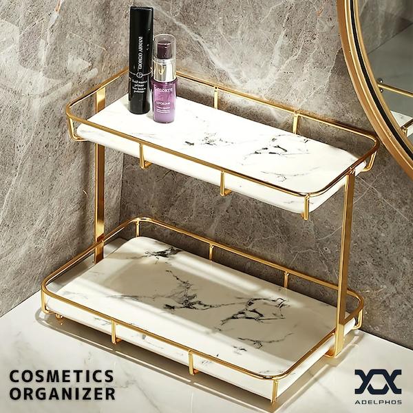 【在庫処分価格】 コスメ 収納ラック コスメティックオーガナイザー 大容量 2段 ステンレス 大理石模様 洗面所 ドレッサー おしゃれ ラック MAKEUP2 | 