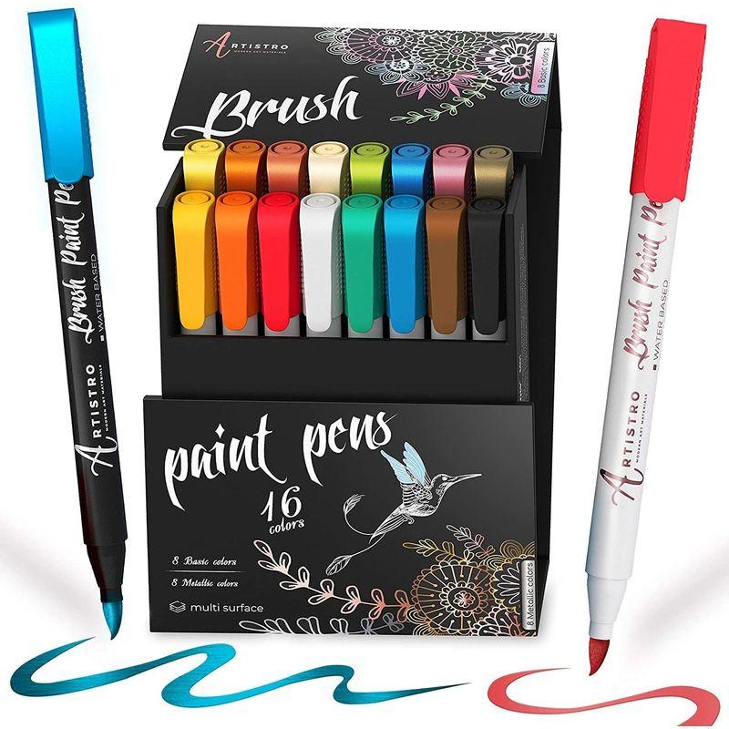 Acrylic Paint Pens Brush Tip アクリル ペイントペン ブラシチップ メタリック8本&ベーシックカラー8本 ペイン