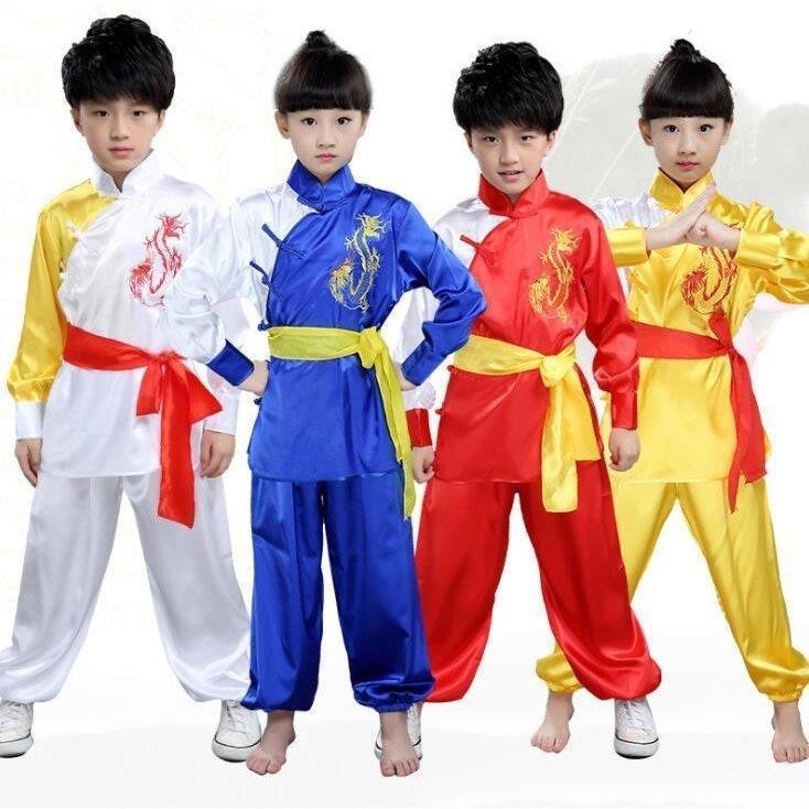商品追加値下げ在庫復活 武術衣装 キッズ 舞台衣装 子供 キッズ団体服 男女兼用 上下セット カンフー ステージ衣装 中国風 武術稽古 学園祭 龍柄 刺繍 半袖 長袖 4色