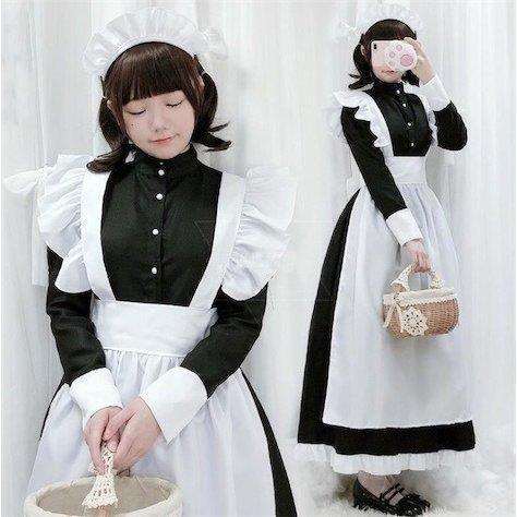 メイド服 ハロウィン 仮装 長袖ロングワンピース ロング丈 コスプレ Cosplay コスプレ衣装白 黒 女性 前開きロングウェイトレス可愛い 変装 大放出セール