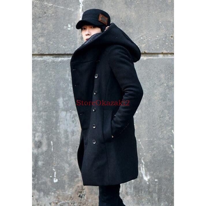 ダッフルコート メンズ Pコート ロング丈 ピーコート ロングコート 冬アウター 冬着 おしゃれ 防寒服 メンズファション 2色 フード付き 世界有名な