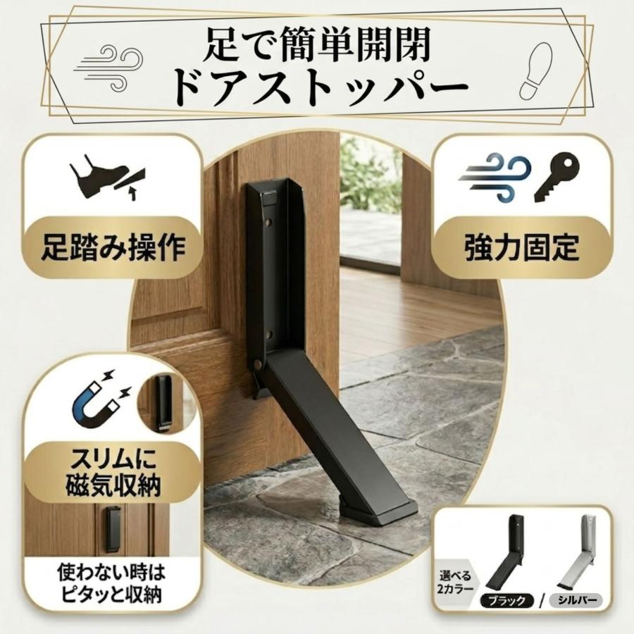ドアストッパー 足踏み式 マグネット 玄関 賃貸 おしゃれ 室内 ステンレス 扉 固定 磁石 折り畳み 強力 穴あけ不要 ブラック シルバー（Yahoo!・N QUARTET）