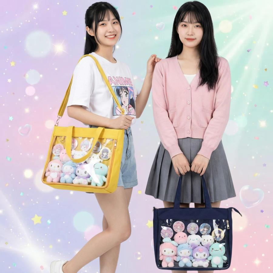 痛バッグ 2WAY トート ショルダー A4 帆布 缶バッジ メッシュシート付