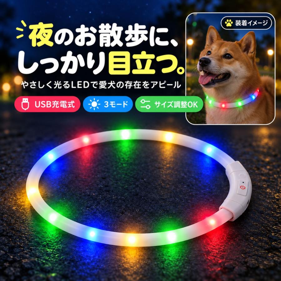 光る首輪 犬 レインボー 虹色 LED 充電式 Type-C ライト 安全 事故防止